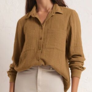 NWT LA RELAXED Beige 100% Organic Cotton Long Sleeve V-Neck Button Down Top (L)